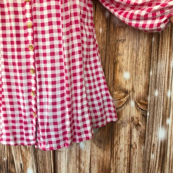 Torrid Fit & Flare Rayon Slub Button Up 3/4 Sleeve Pink Gingham Top - Picture 13 of 14